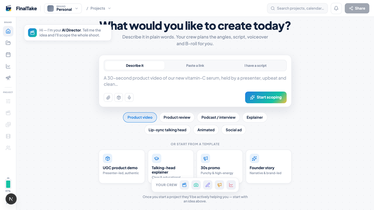 FinalTake entry screen — describe a brief, paste a link, or import a script